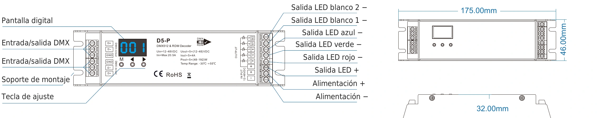 Decodificador DMX512 RDM 5 canales 4A 12-48V IP20 – D5-P — dmx d5 p technical es