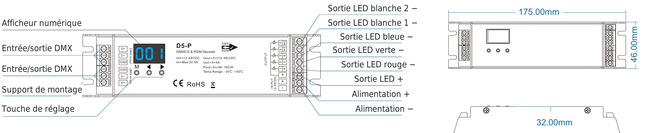 Décodeur DMX512 RDM 5 canaux 4A 12-48V IP20 – D5-P — dmx d5 p technical fr