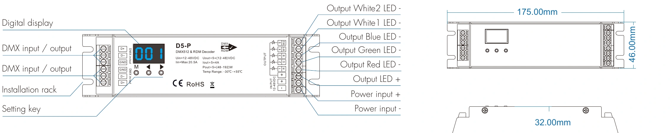 DMX512 RDM Decoder 5 channels 4A 12-48V IP20 – D5-P — dmx d5 p technical