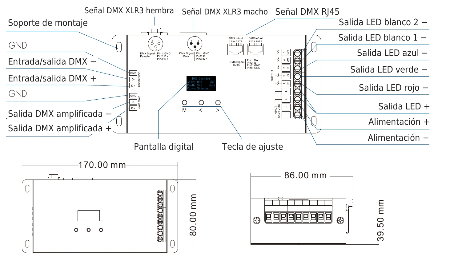 Decodificador DMX512 RDM 5 canales 6A 12-24V IP20 – D5 — dmx d5 technical es