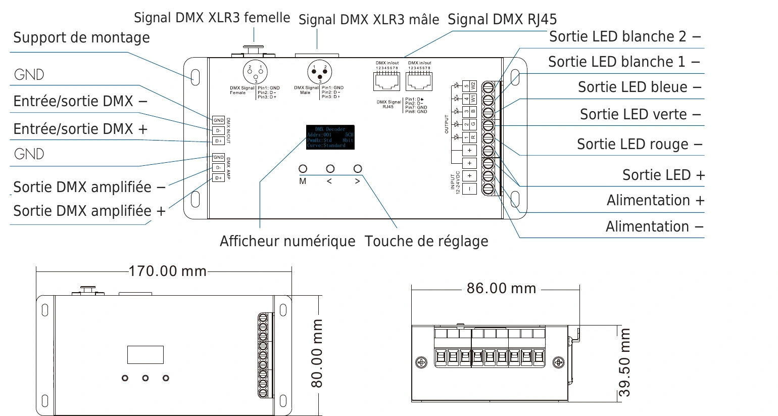 Décodeur DMX512 RDM 5 canaux 6A 12-24V IP20 – D5 — dmx d5 technical fr