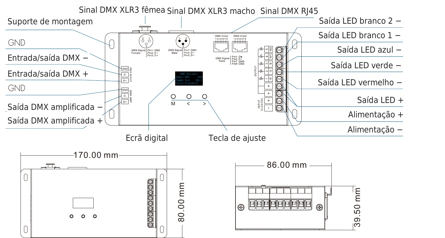 Descodificador DMX512 RDM 5 canais 6A 12-24V IP20 – D5 — dmx d5 technical pt