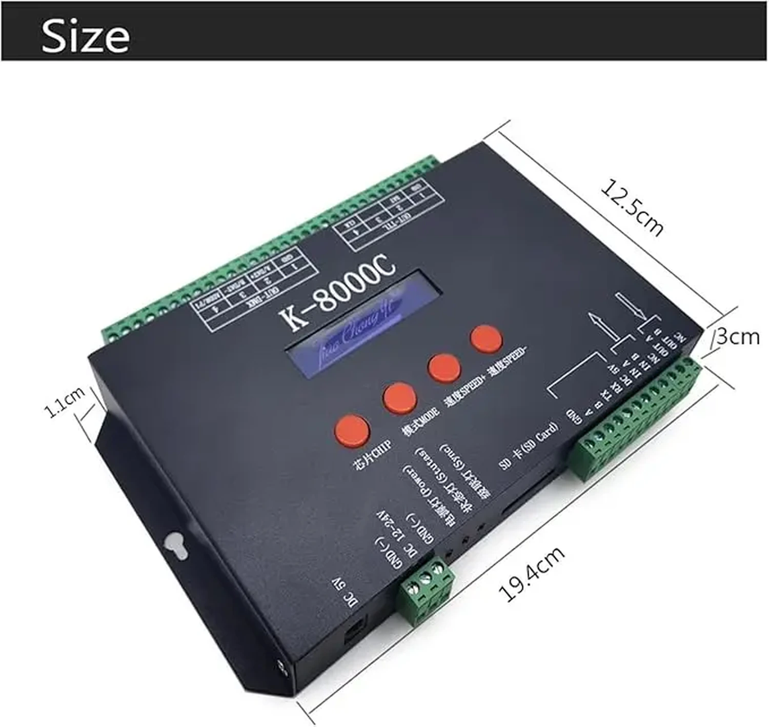 Controlador Píxel LED SPI K-8000C – 8 puertos DMX y SD — k 8000c dimensiones