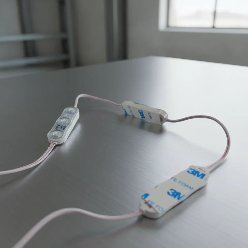 Modules LED 12V 1,1W à 3 diodes 170 lm/W interconnectés montrant la face avant et le dos avec adhésif 3M PE Foam