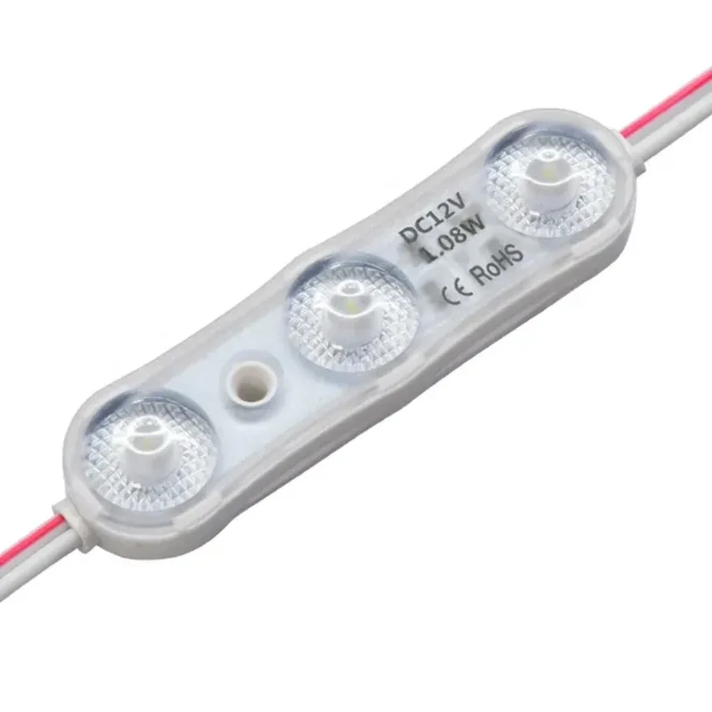 12V 1.1W three-diode 170 lm/W LED module with 175° lenses, DC12V 1.08W CE RoHS marking and red and white cable on a white background