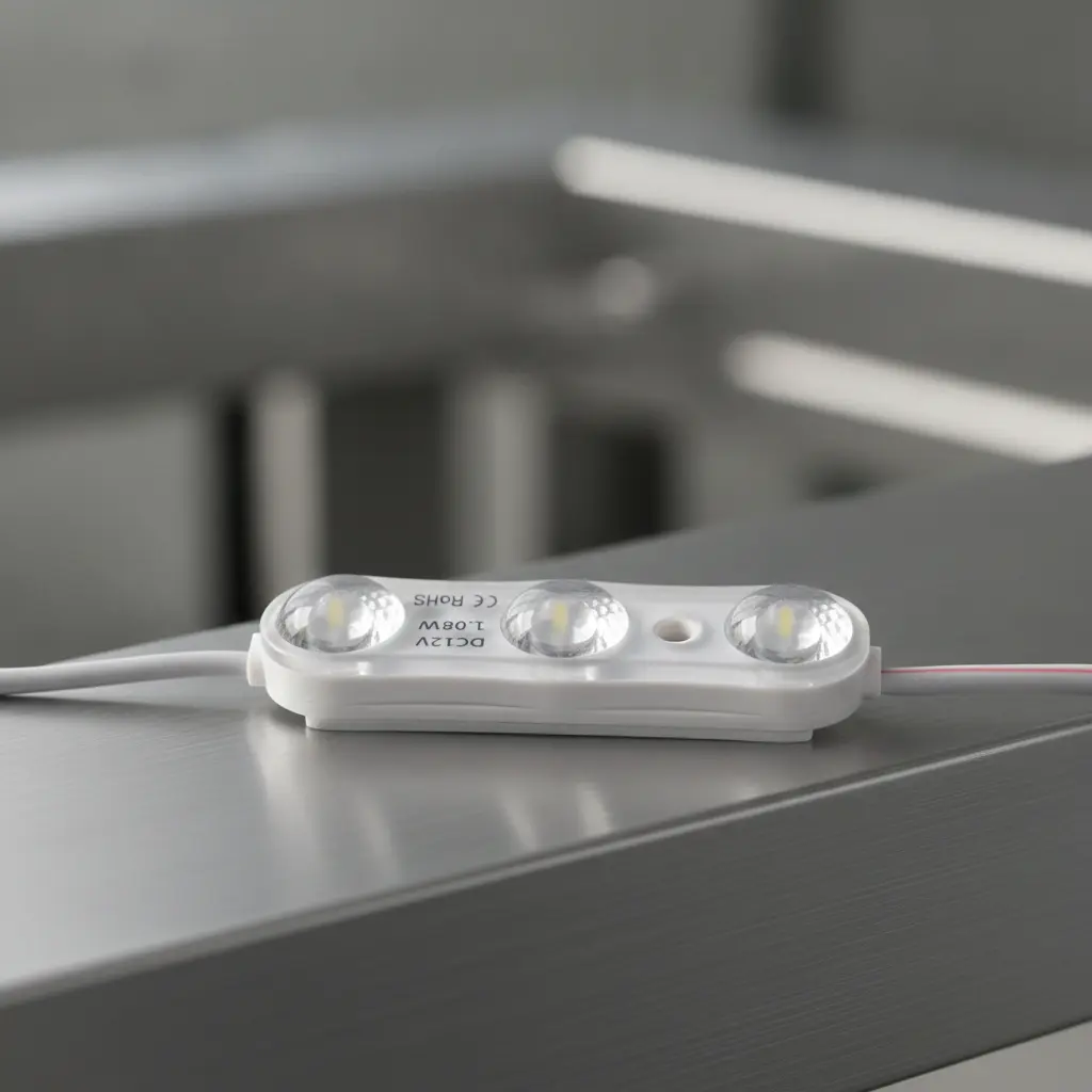 Détail de l’optique du module LED 12V 1,1W avec trois lentilles 175° et marquage DC12V 1,08W CE RoHS