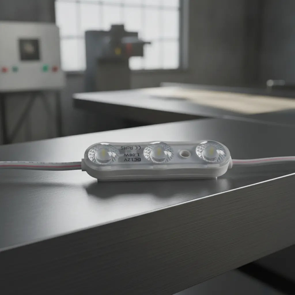 Vue de face du module LED 12V 1,1W à 3 diodes 170 lm/W avec lentilles 175° sur un établi d’atelier