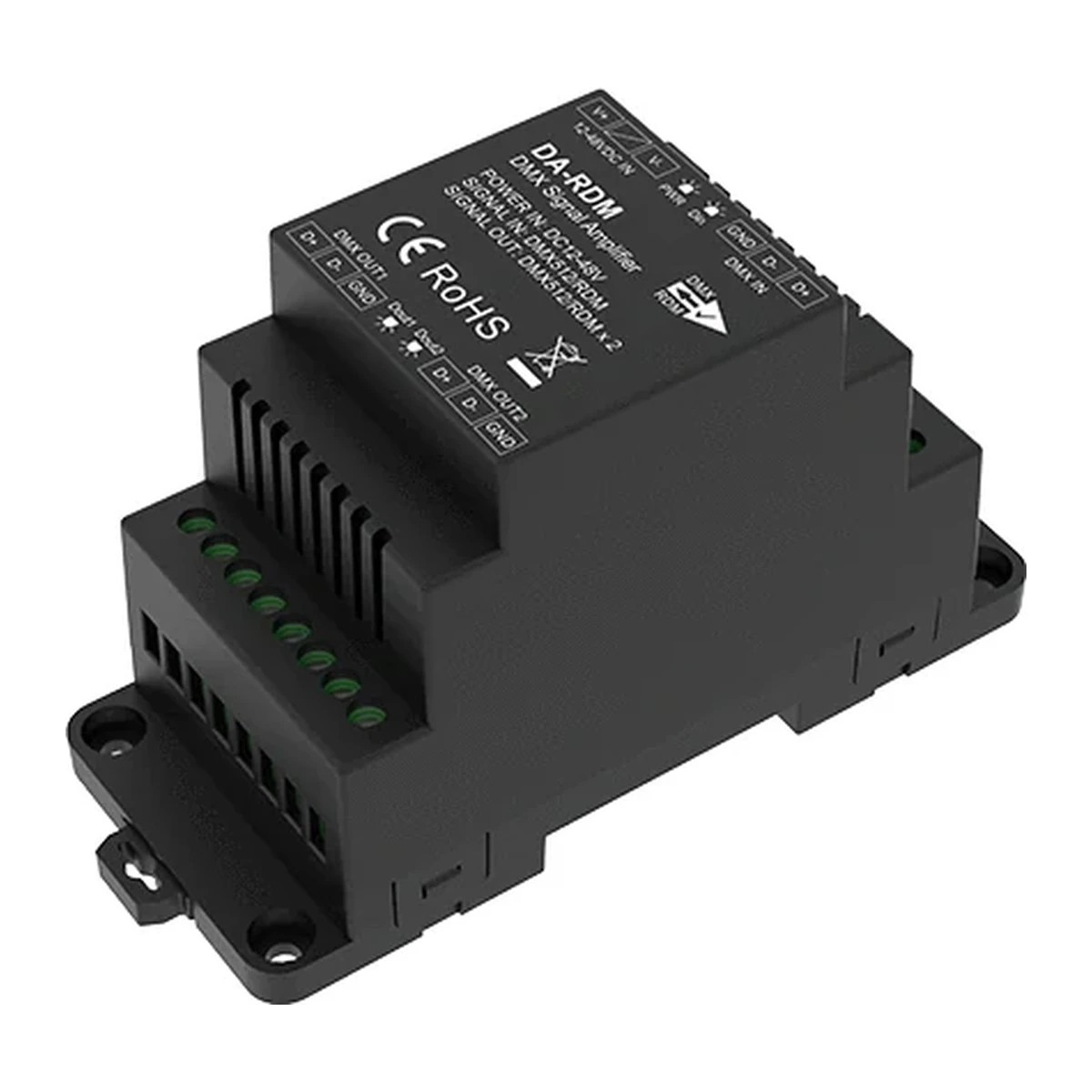 Amplificador e distribuidor de sinal DMX512 DA-RDM em caixa preta com terminais de ligação de parafuso.