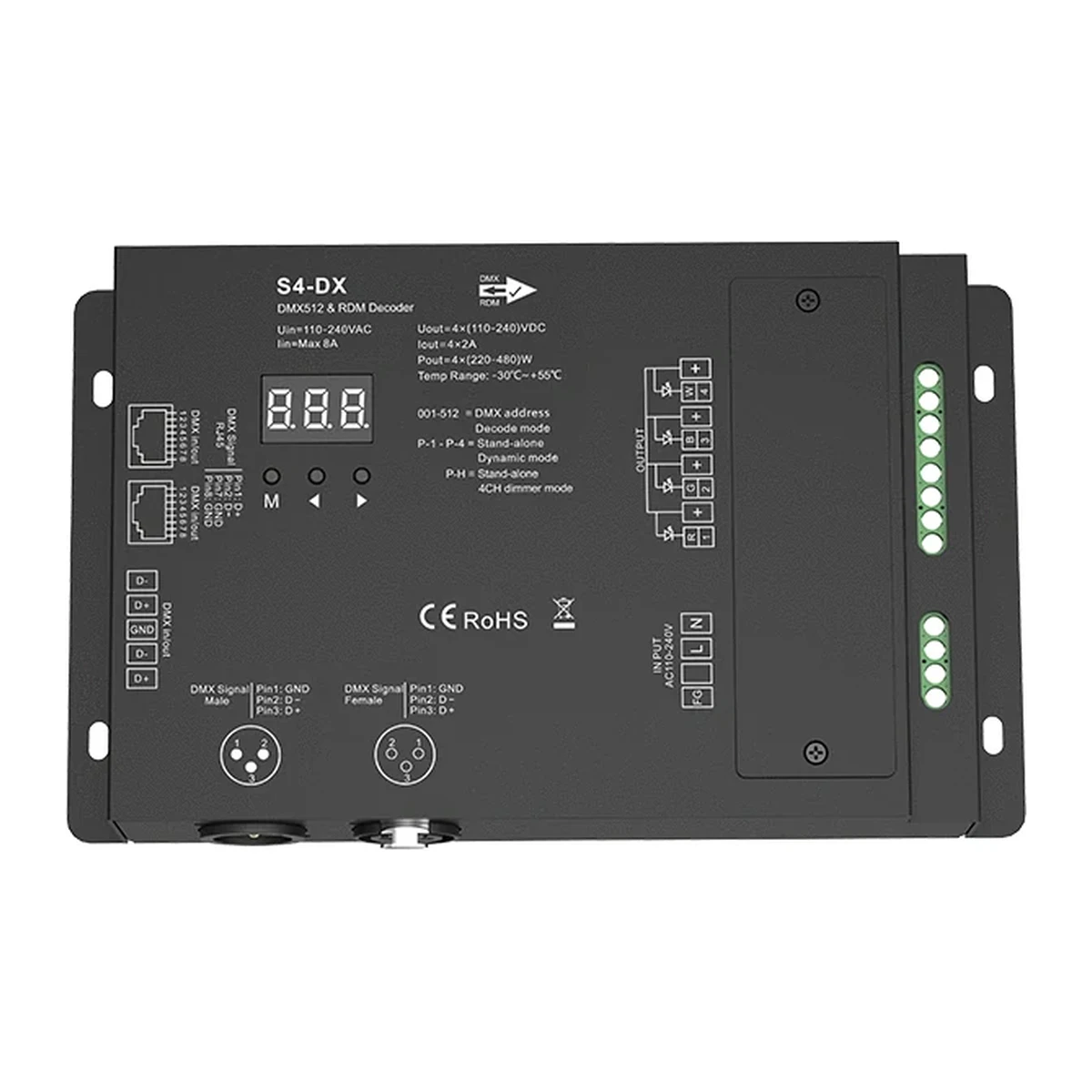 Black metal S4-DX DMX512 decoder with digital display, control buttons, and connection terminals for LED strips.