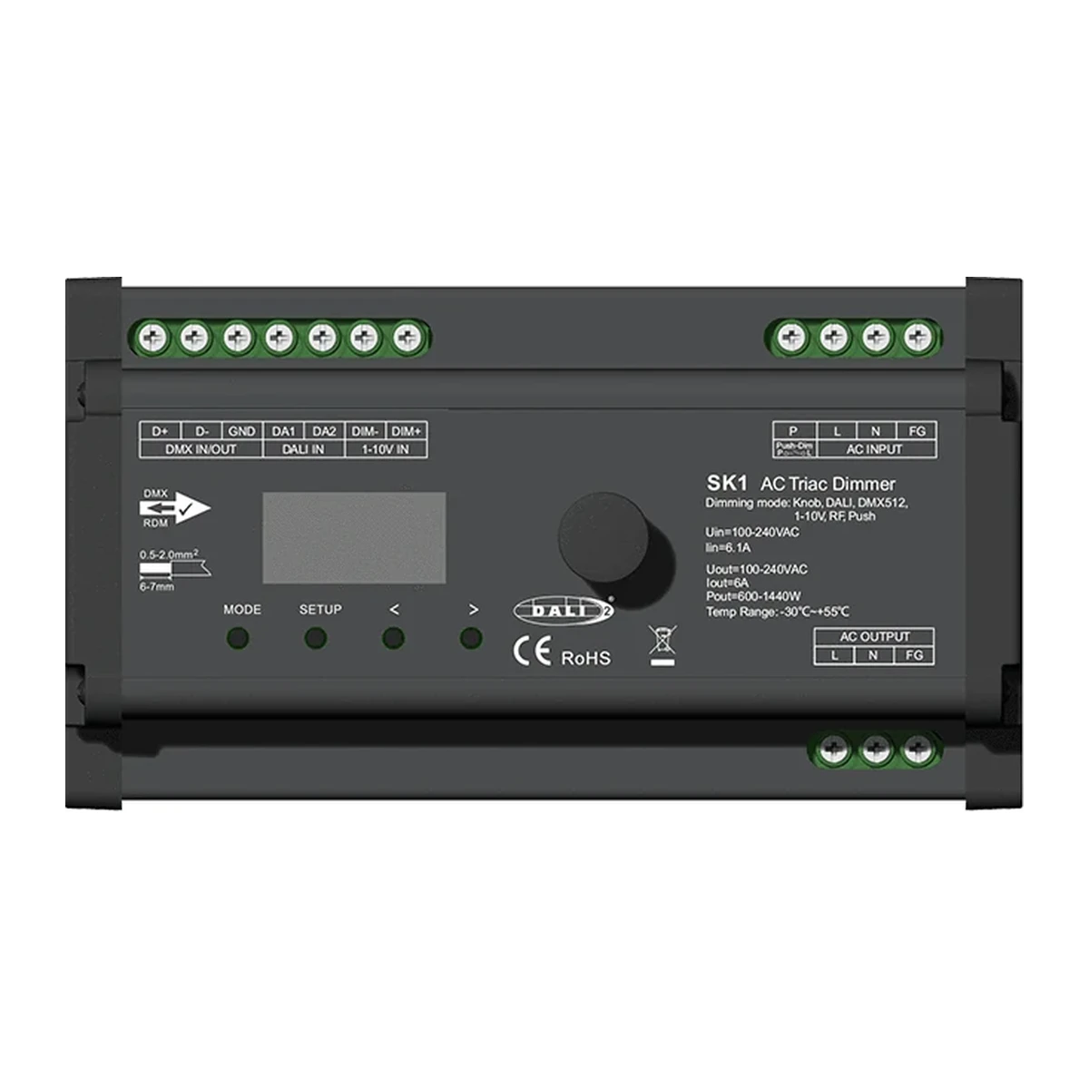 SK1 AC triac dimmer for DIN rail with digital display, rotary knob, and screw terminals for DMX512 and DALI control.