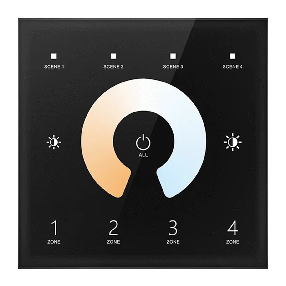 Black touch master DMX512 T12 panel for 4-zone dual white CCT control with touch wheel and scene buttons.
