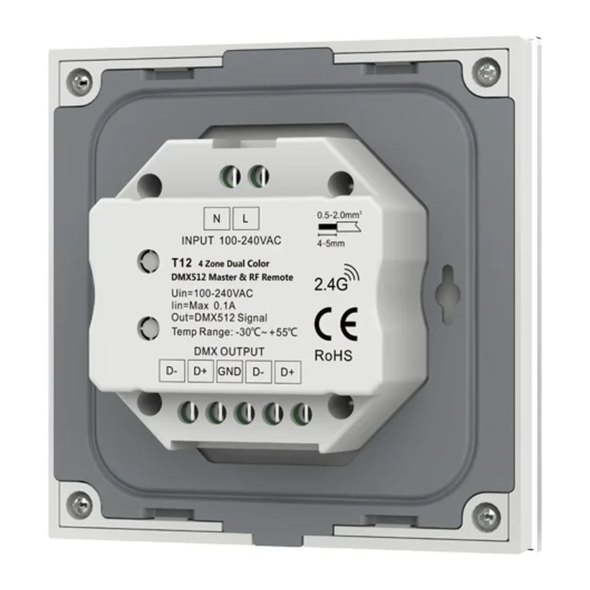 Rear view of the T12 DMX512 master touch panel showing wiring terminals and technical specifications