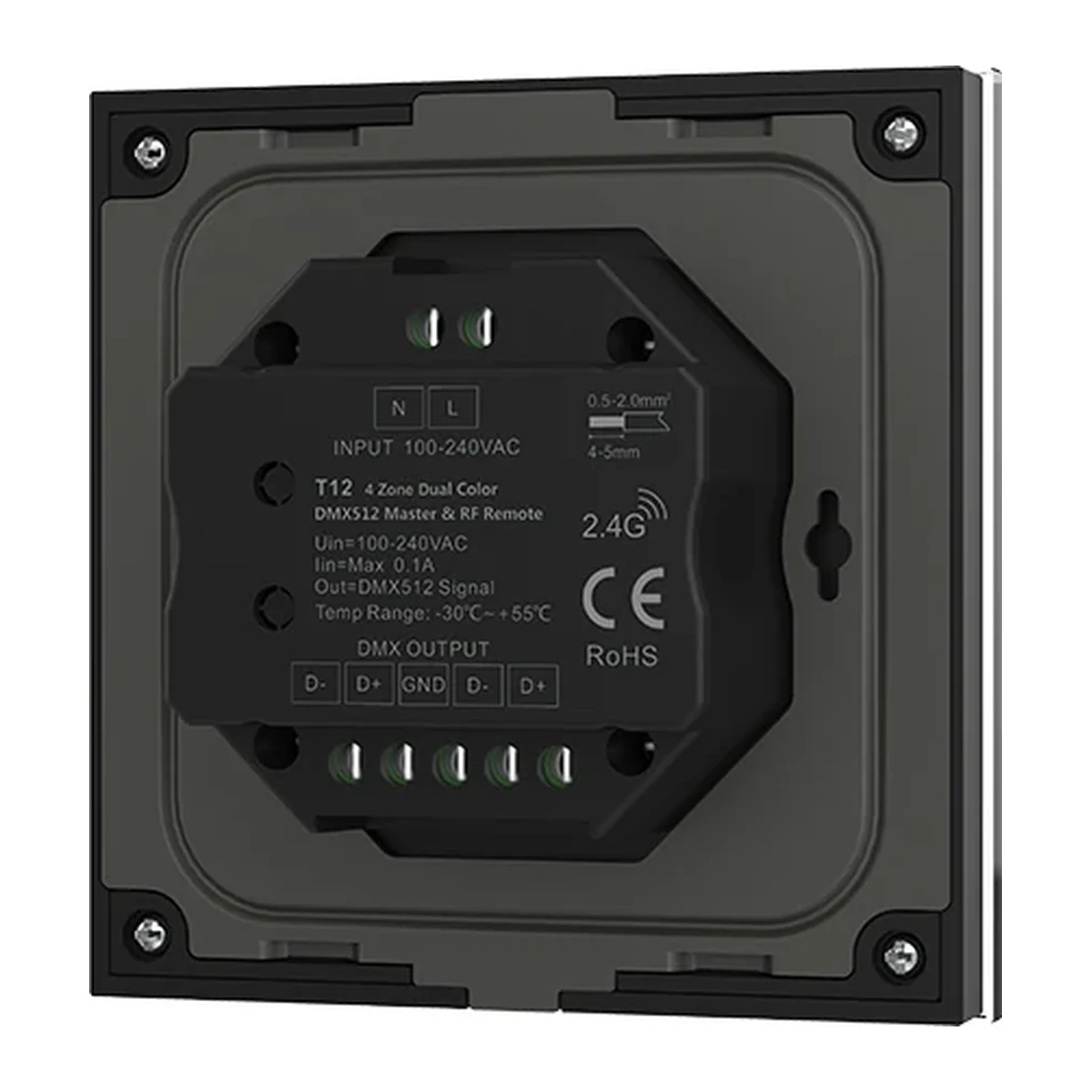 Rear view of the T12 DMX512 dual color CCT master touch panel showing connection terminals and technical specifications.