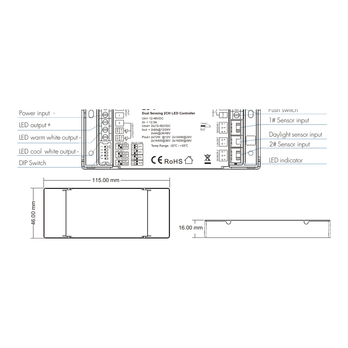Contrôleur LED double capteur ES-V 2 canaux 12-48V — controlador led doble sensor es v medidas