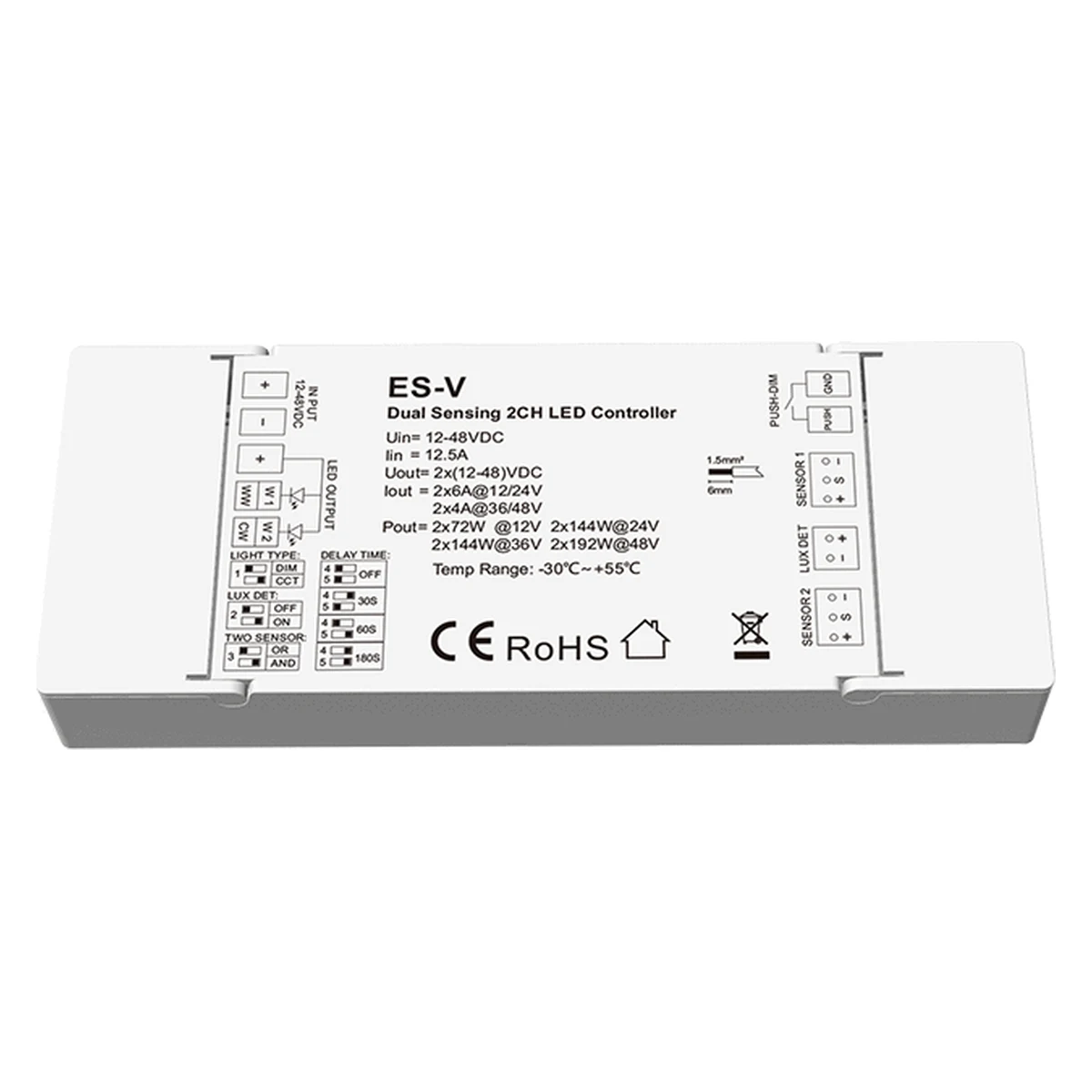 Contrôleur LED double capteur ES-V 2 canaux 12-48V — controlador led doble sensor es v vista frontal