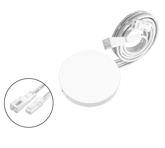 Sensor de mouvement radar E1-M blanc et circulaire, avec câbles enroulés et détail agrandi des connecteurs