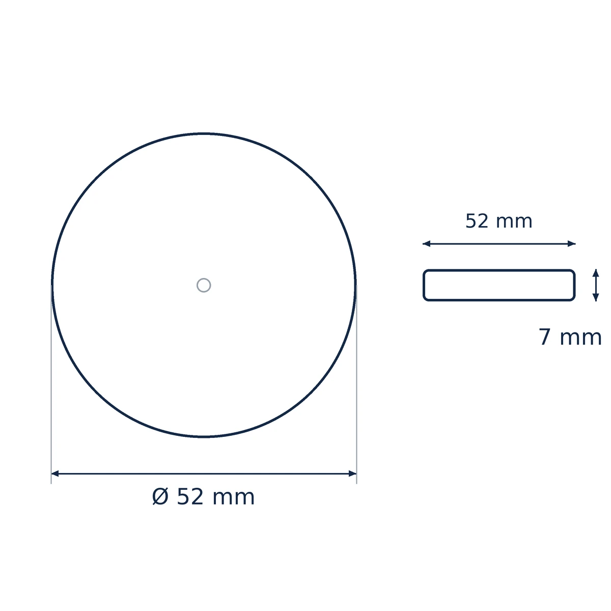 Plan du capteur de mouvement radar E1-M avec face circulaire et profil latéral, coté Ø52 mm et 7 mm d’épaisseur.