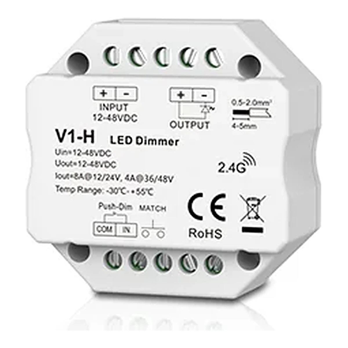 Regulador LED V1-H de 1 canal e 8A para fitas LED de 12-48V
