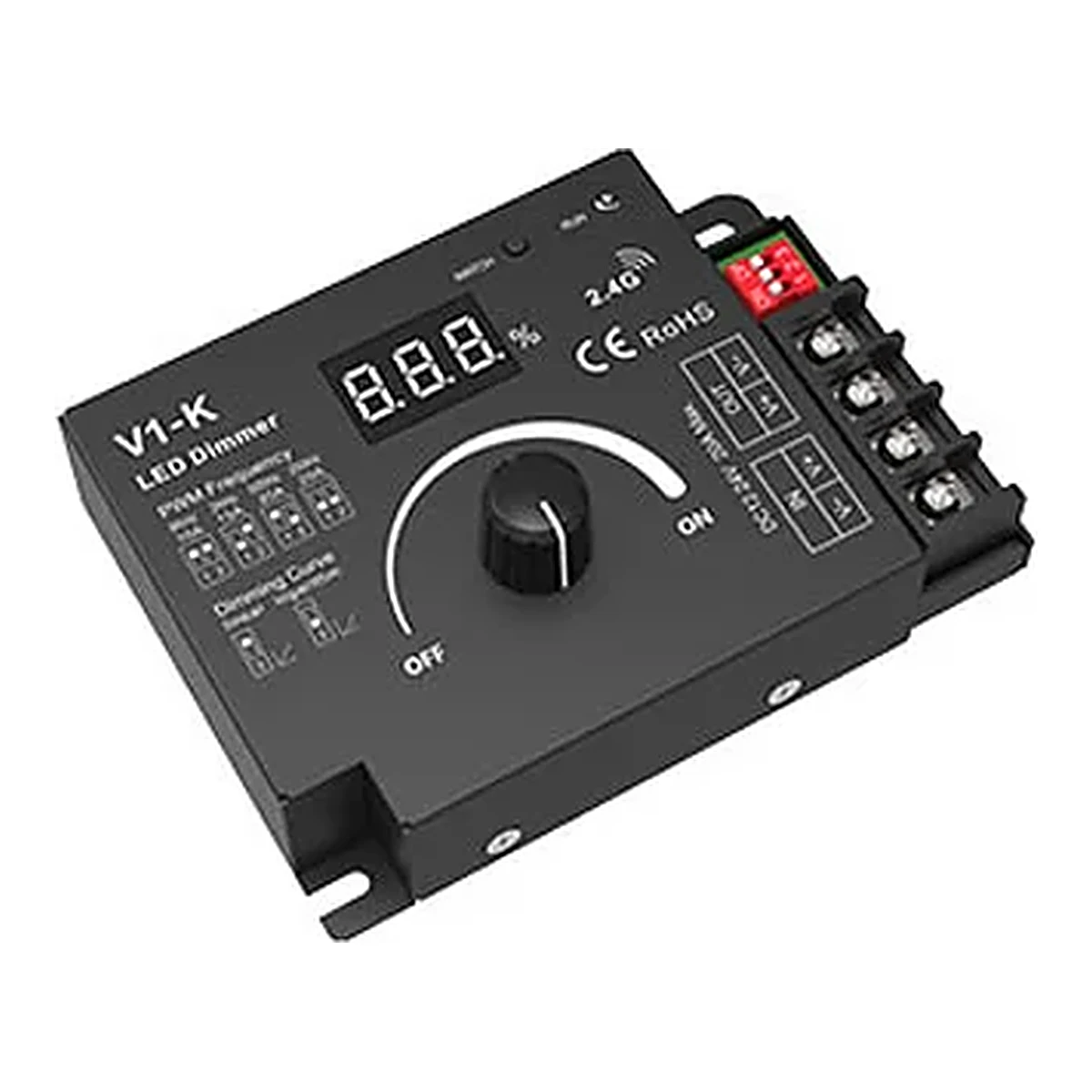 Regulador LED V1-K com botão rotativo e visor digital, 1 canal 20A para fitas LED de 12-48V