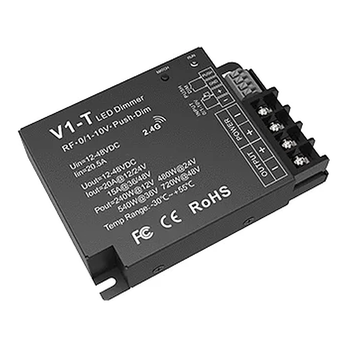 Regulador LED V1-T de 1 canal e 20A para fitas LED de 12-48V
