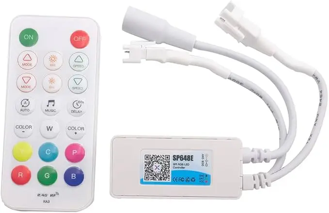 Controlador SP648E SPI direccionable RGB LED con mando IR de 21 botones y caja Bluetooth, compatible con WS2811, WS2812, WS2815, DC5V-24V